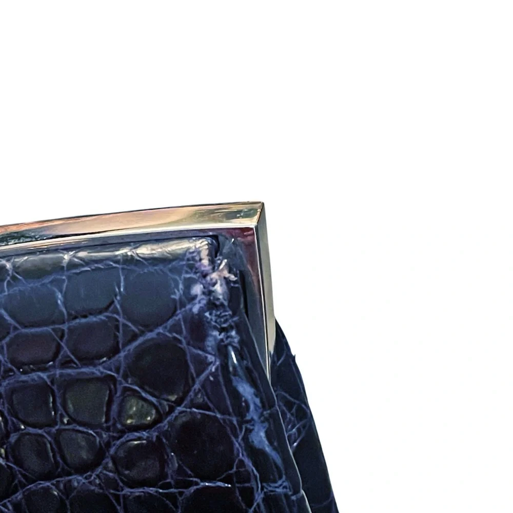 Judith Leiber Midnight Blue Alligator Clutch W/Silver Tone‎ & Lapis Stone Frame